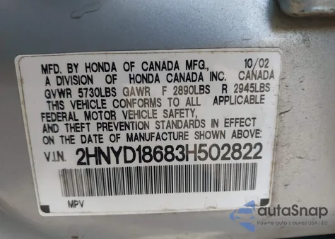 2003 Acura Mdx from USA, damaged, VIN 2HNYD18683H502822